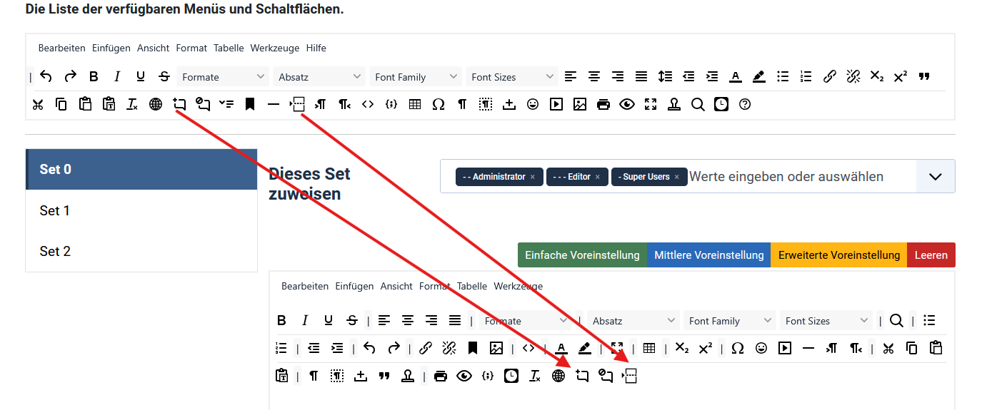 Ziehe die Icons für abbreviation und read more aus dem Angebot an Buttons in die Buttons des jeweiligen Profils